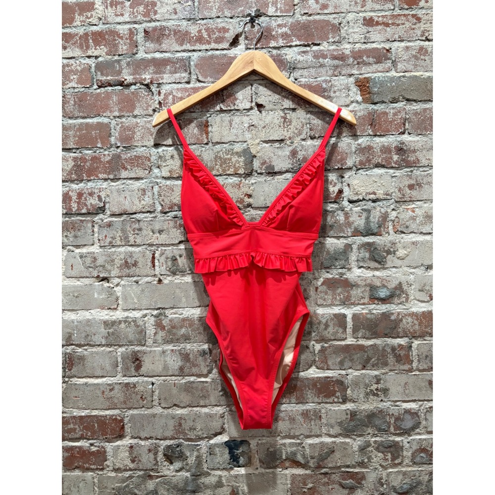 J.Crew Ruffle V-Neck One-Piece Swimsuit Red Size 2